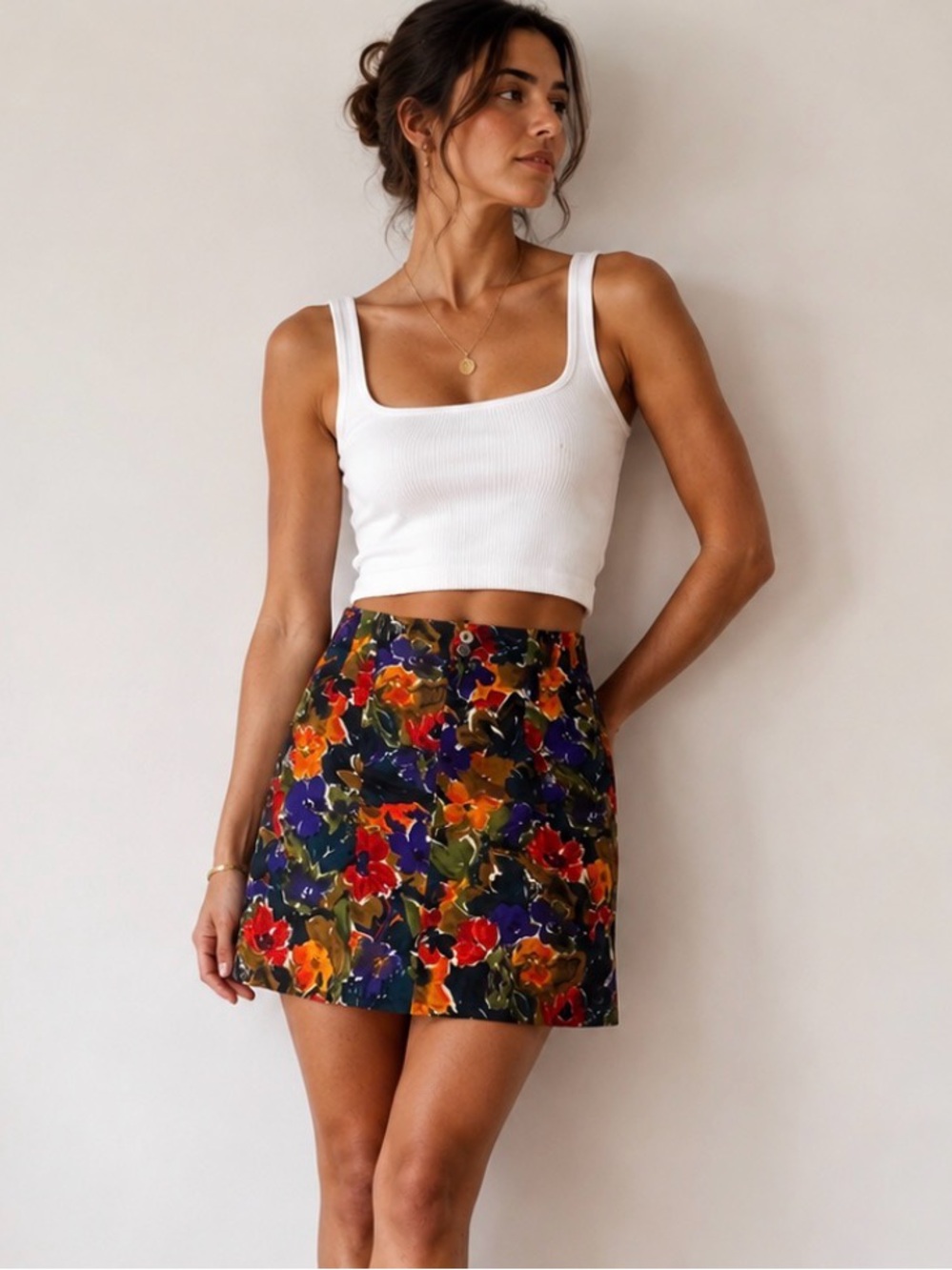 Vintage Express 100% Silk Mini Skirt Floral Colorful Pleats 90s Pockets Size 5 S